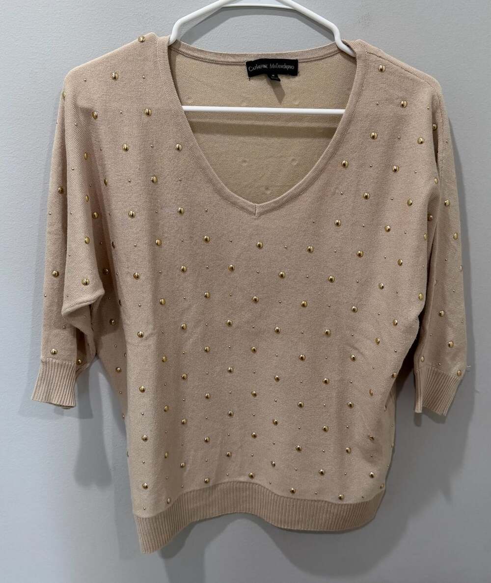 Beige V-Neck Pullover Sweater with All-Over Gold Metal Studs